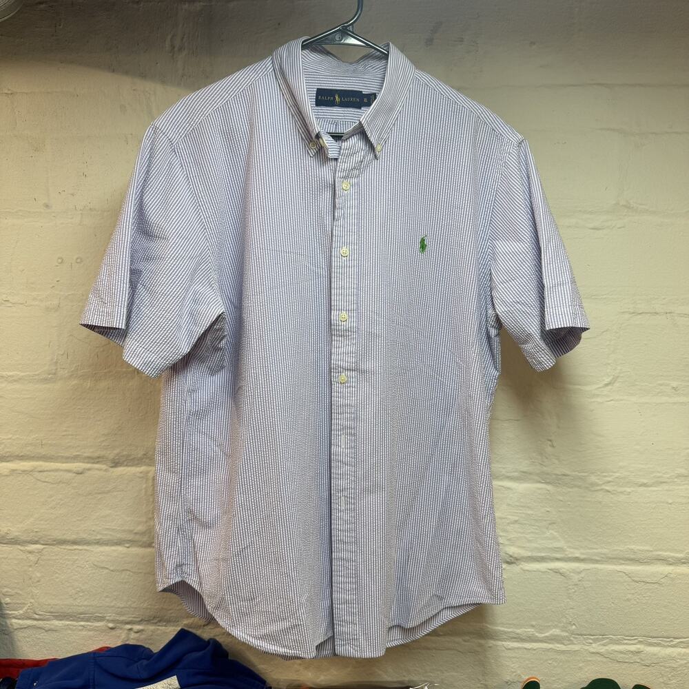 Ralph Lauren Mens XL Striped Seersucker Short Sleeve Button Down Shirt Lt Purple